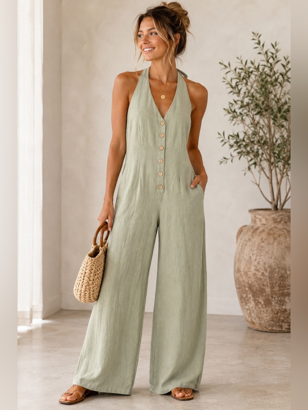Gypsies & Moondust Sage Linen Blend Wide Leg Halter Jumpsuit Juniors 11